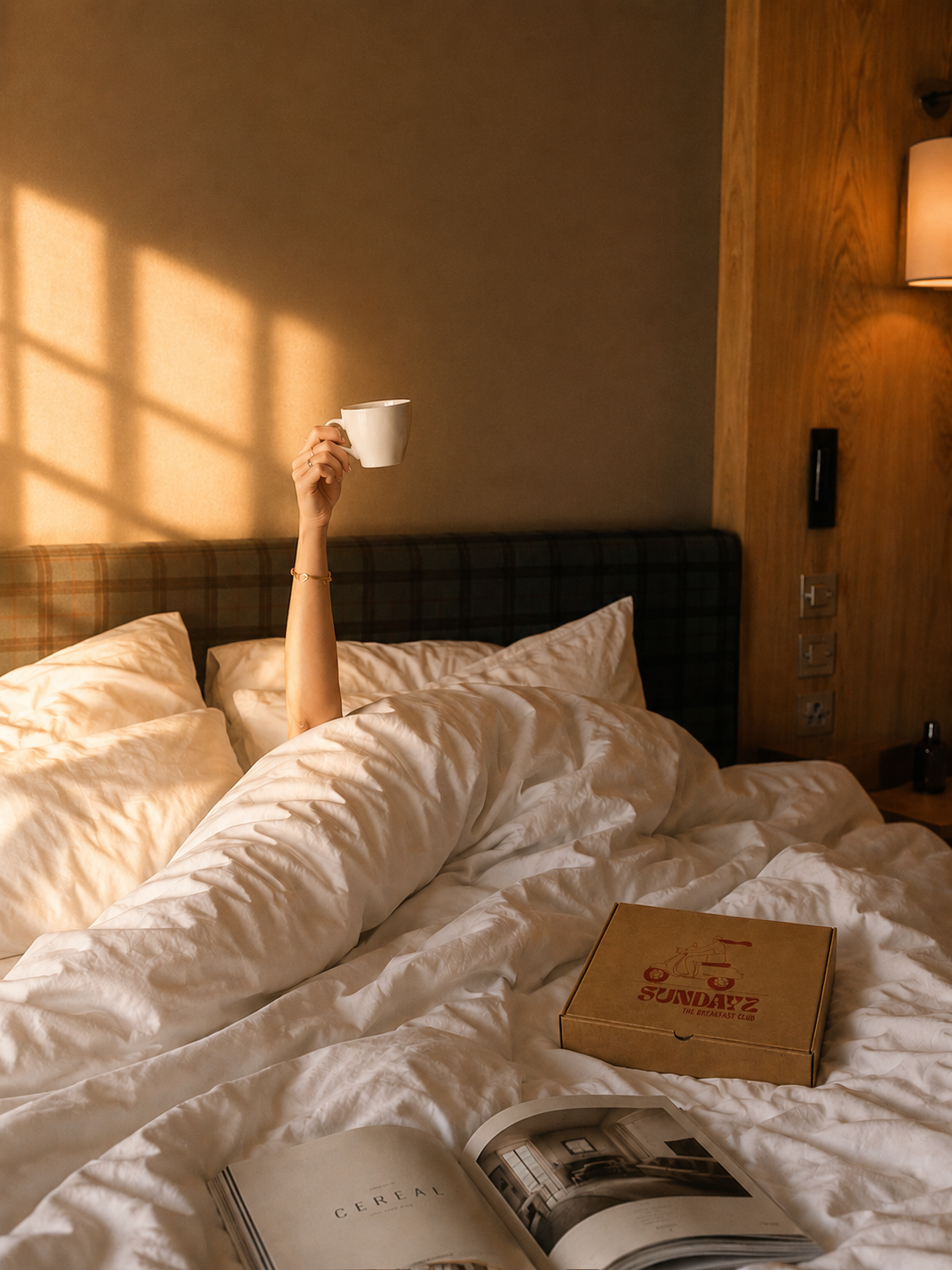 Café da manhã SUNDAYZ servido na cama com luz natural da manhã